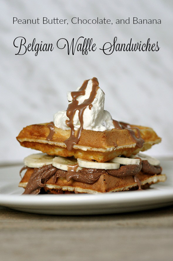 Recipe for delicious Peanut Butter Chocolate Banana Belgian Waffle Sandwiches - perfect for breakfast or brunch! via http://lifeovereasy.com/