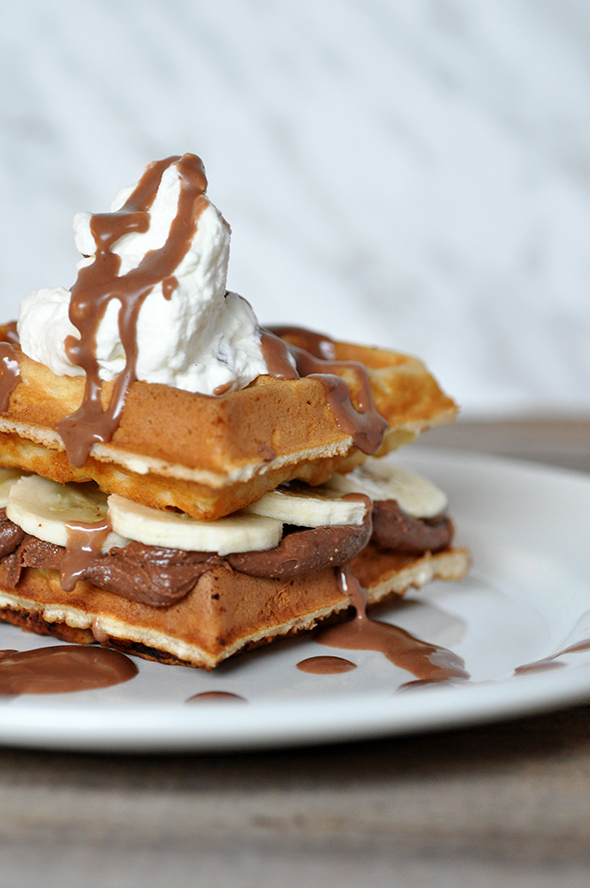 Recipe for easy and delicious Peanut Butter, Chocolate, and Banana Belgian Waffle Sandwiches via http://lifeovereasy.com/ - perfect for breakfast or brunch!